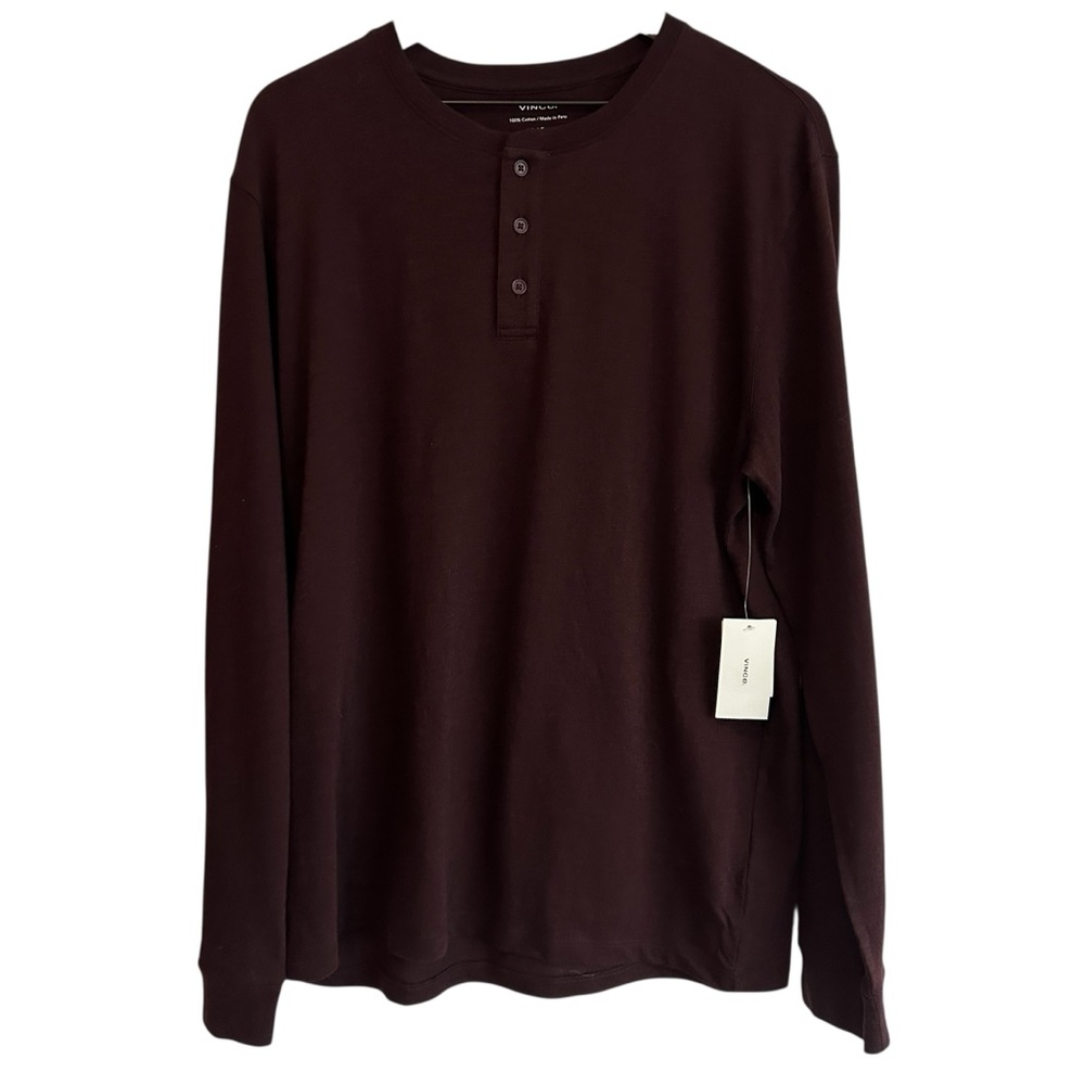 Vince Men Slub Henley Large Maroon‎ Long Sleeve Cotton Shirt New